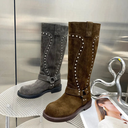 Vintage Studded Harness Knee-High Biker Boots