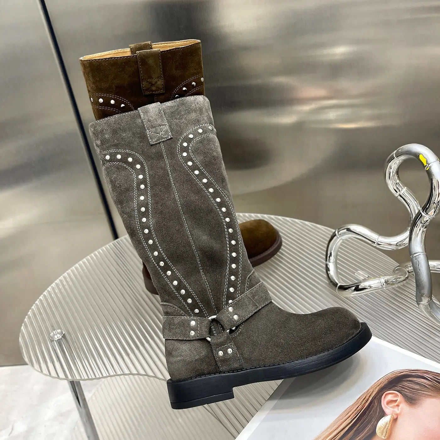 Vintage Studded Harness Knee-High Biker Boots