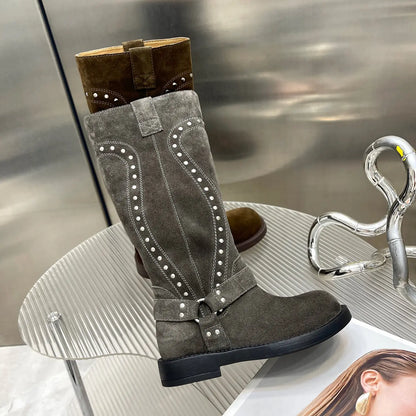 Vintage Studded Harness Knee-High Biker Boots