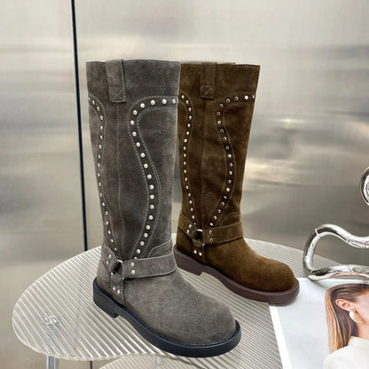 Vintage Studded Harness Knee-High Biker Boots