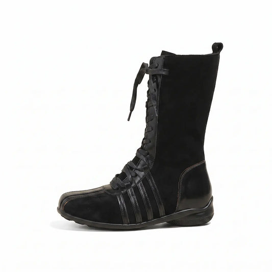 Y2K Spliced Lace-Up Mid-Calf Boxing Boots