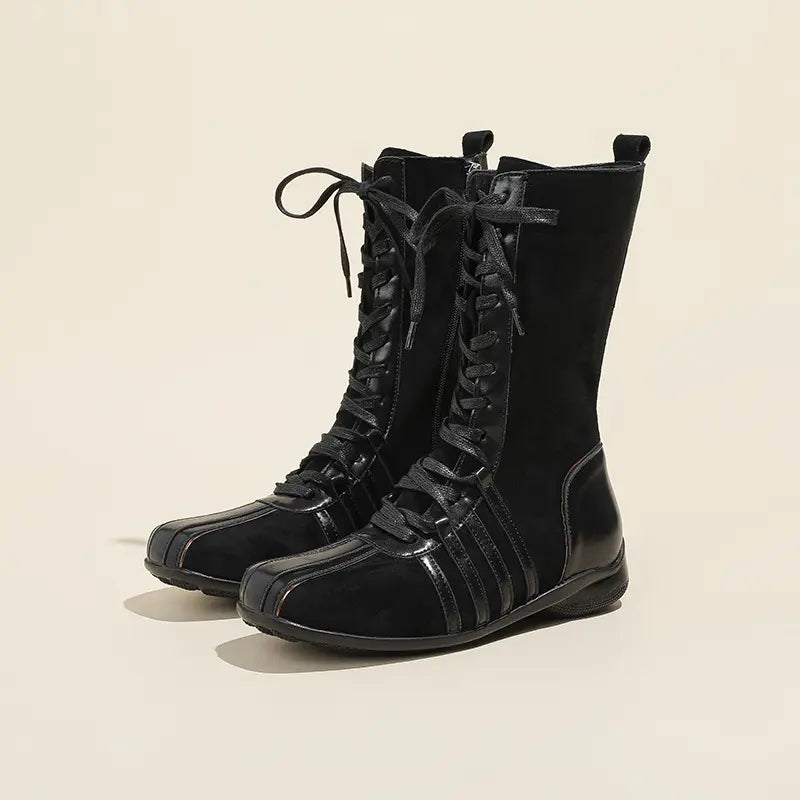 Y2K Spliced Lace-Up Mid-Calf Boxing Boots