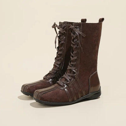 Y2K Spliced Lace-Up Mid-Calf Boxing Boots