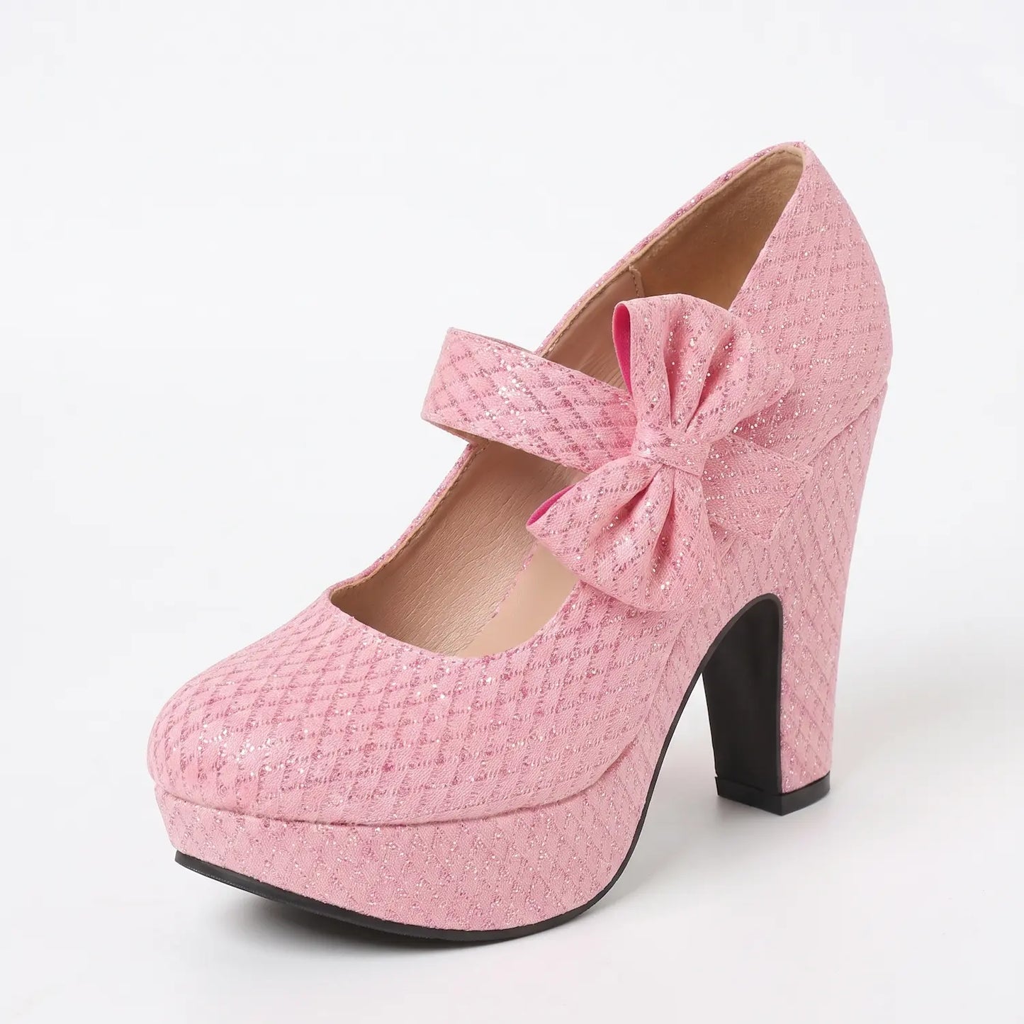 Y2K Pink Glitter Platform Mary Janes | Structural Bow Block Heels