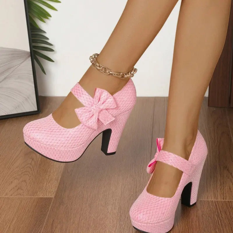 Y2K Pink Glitter Platform Mary Janes | Structural Bow Block Heels