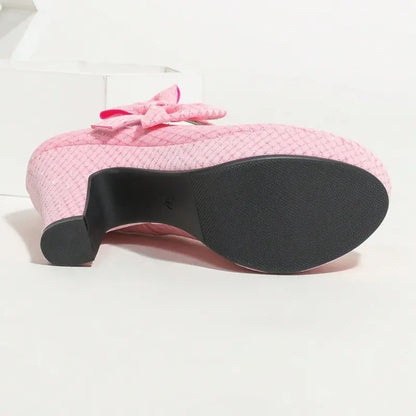 Y2K Pink Glitter Platform Mary Janes | Structural Bow Block Heels