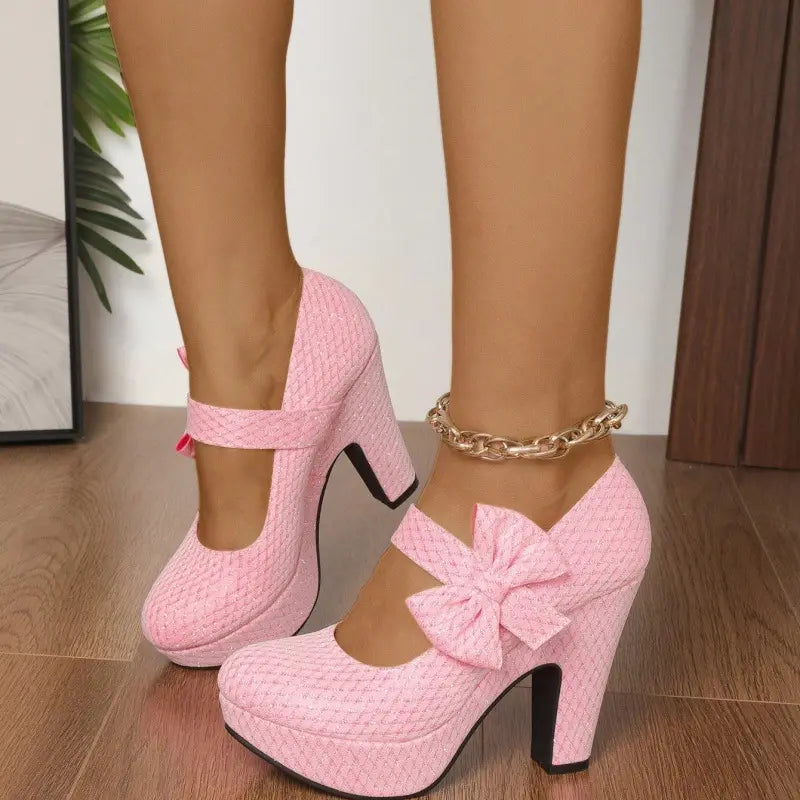Y2K Pink Glitter Platform Mary Janes | Structural Bow Block Heels