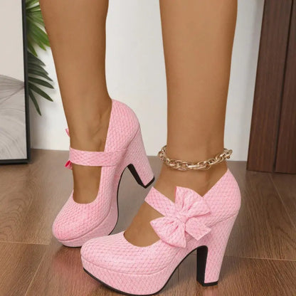 Y2K Pink Glitter Platform Mary Janes | Structural Bow Block Heels