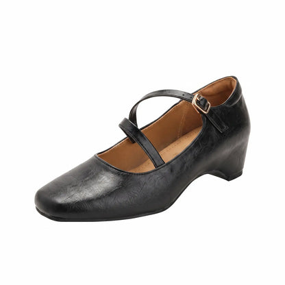 Retro Double Strap Square Toe Hidden Wedge Mary Janes