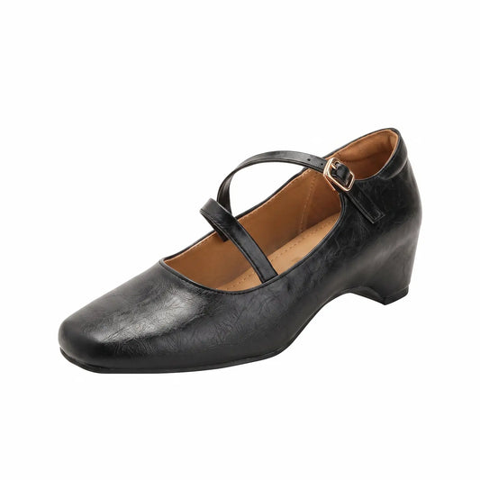 Retro Double Strap Square Toe Hidden Wedge Mary Janes