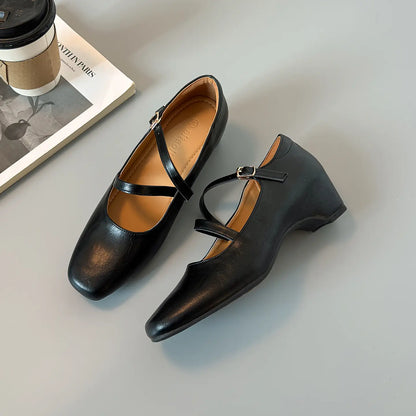 Retro Double Strap Square Toe Hidden Wedge Mary Janes