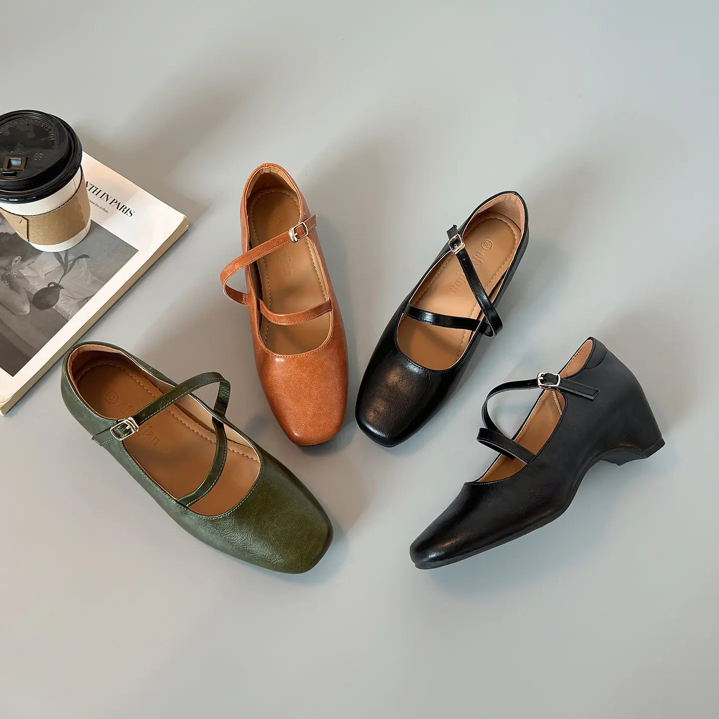 Retro Double Strap Square Toe Hidden Wedge Mary Janes