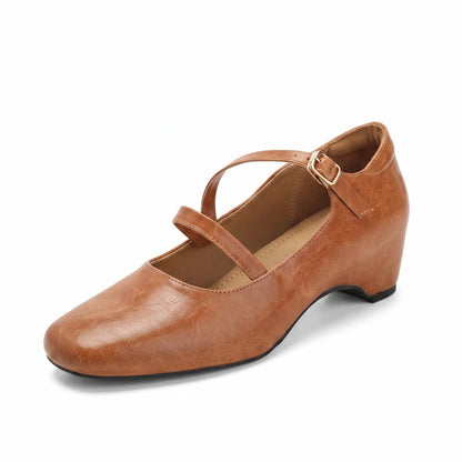 Retro Double Strap Square Toe Hidden Wedge Mary Janes