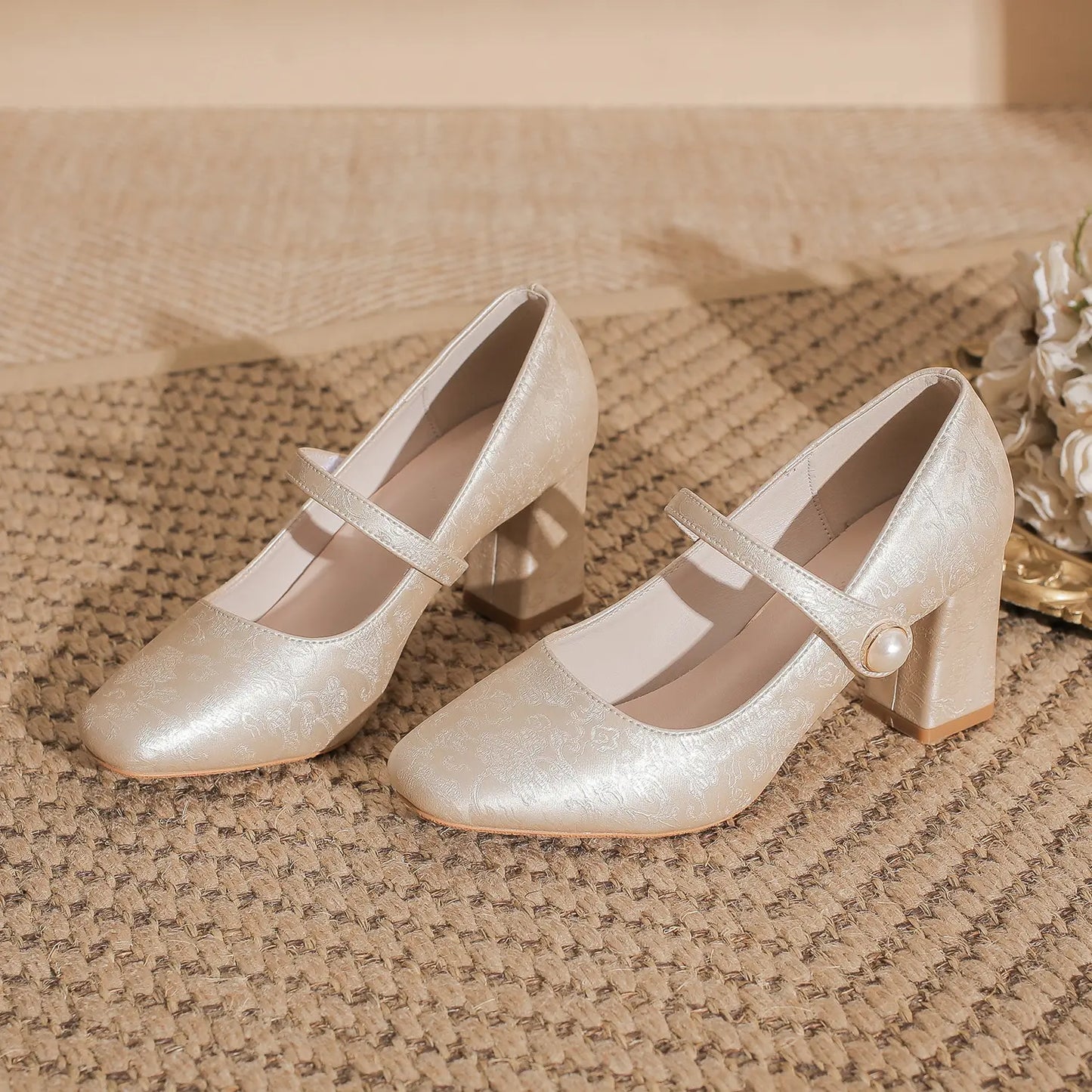 Vintage Pearl Button Block Heel Bridal Mary Janes