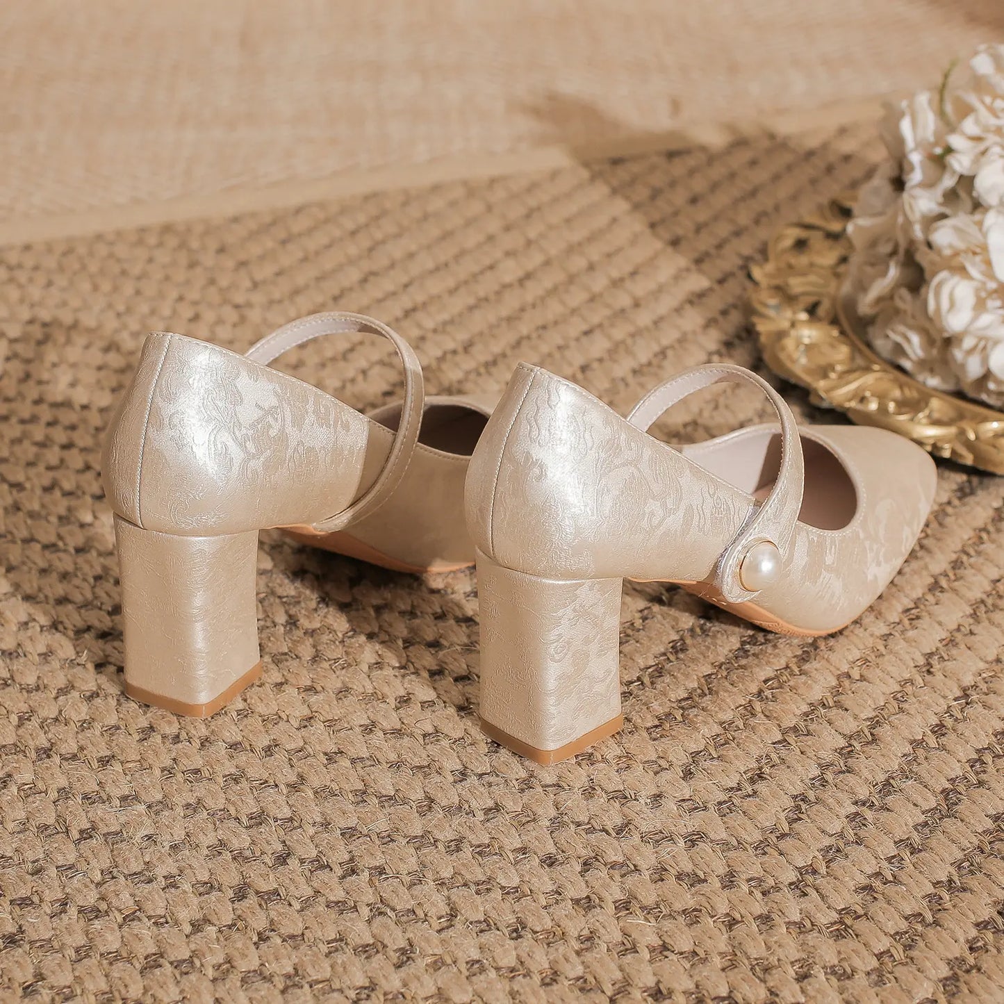 Vintage Pearl Button Block Heel Bridal Mary Janes