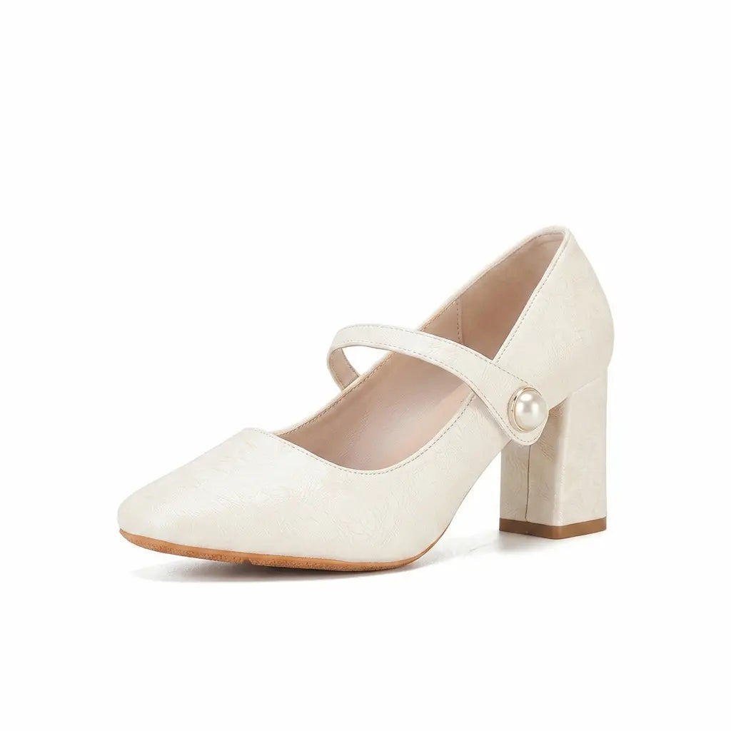 Vintage Pearl Button Block Heel Bridal Mary Janes