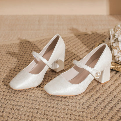 Vintage Pearl Button Block Heel Bridal Mary Janes
