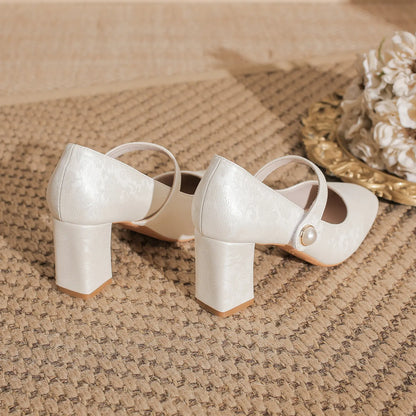Vintage Pearl Button Block Heel Bridal Mary Janes