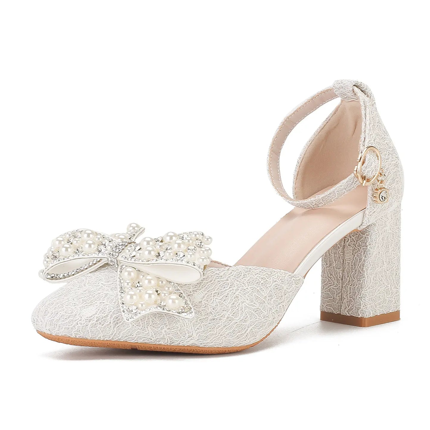 Vintage Lace Pearl Bow Block Heel Bridal Pumps