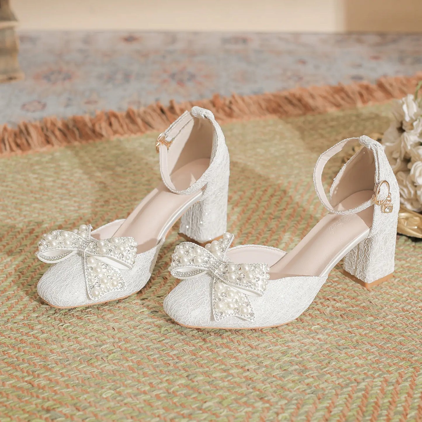 Vintage Lace Pearl Bow Block Heel Bridal Pumps