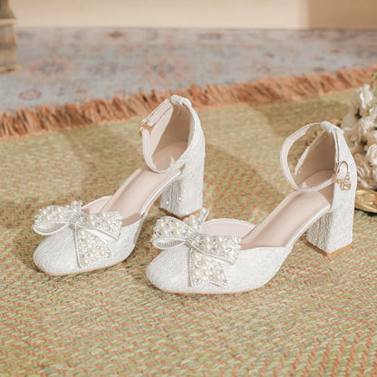 Vintage Lace Pearl Bow Block Heel Bridal Pumps