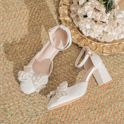 Vintage Lace Pearl Bow Block Heel Bridal Pumps