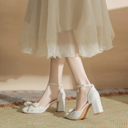 Vintage Lace Pearl Bow Block Heel Bridal Pumps