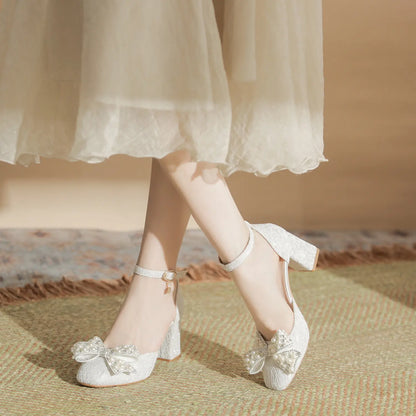 Vintage Lace Pearl Bow Block Heel Bridal Pumps