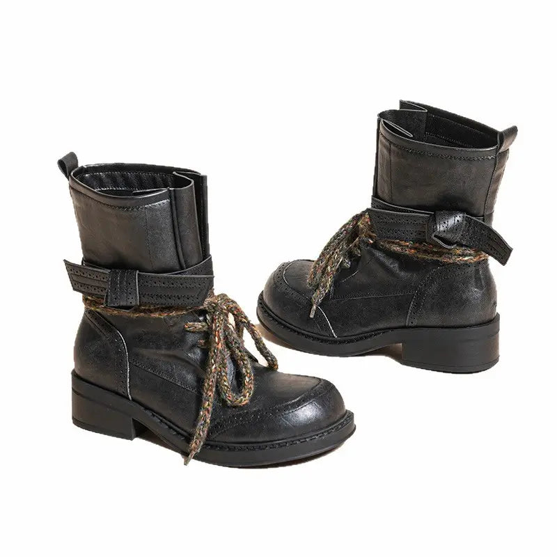 Vintage Boho Brogue Chunky Lace Block Heel Booties