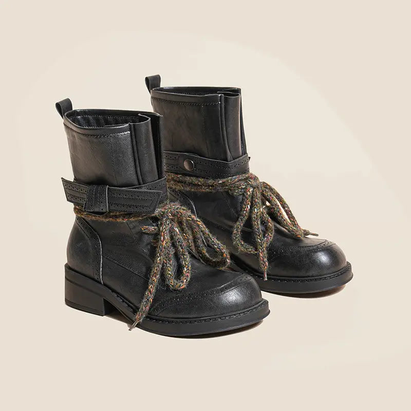 Vintage Boho Brogue Chunky Lace Block Heel Booties
