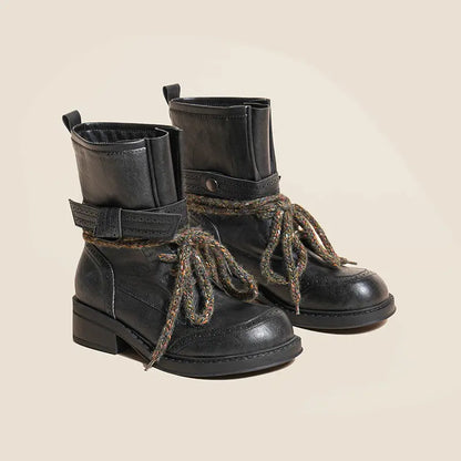 Vintage Boho Brogue Chunky Lace Block Heel Booties