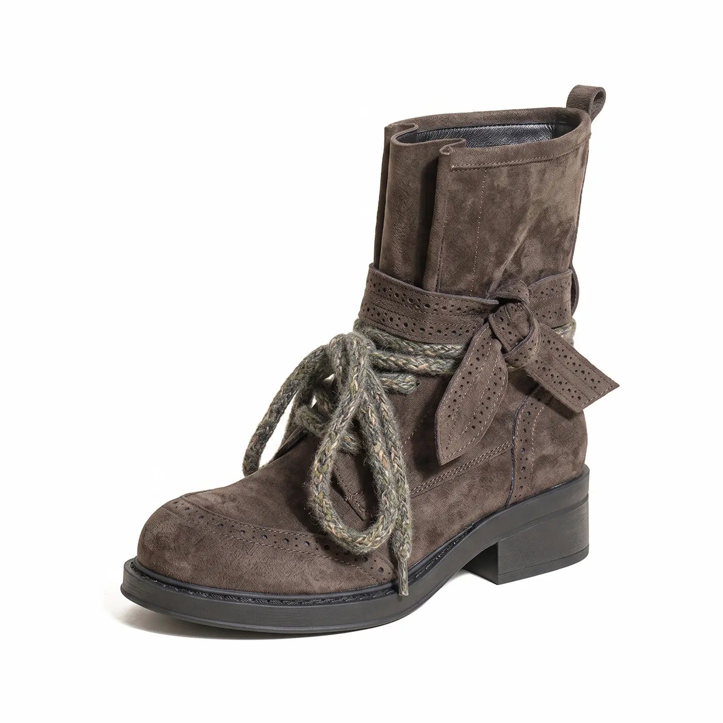 Vintage Boho Brogue Chunky Lace Block Heel Booties