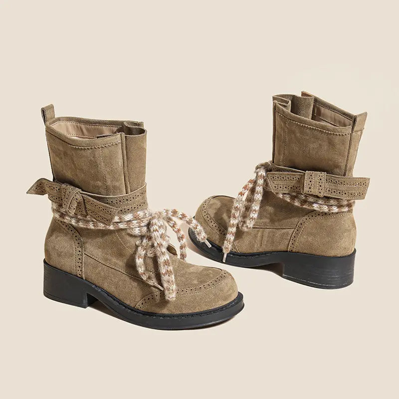Vintage Boho Brogue Chunky Lace Block Heel Booties