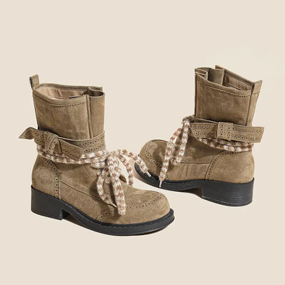 Vintage Boho Brogue Chunky Lace Block Heel Booties