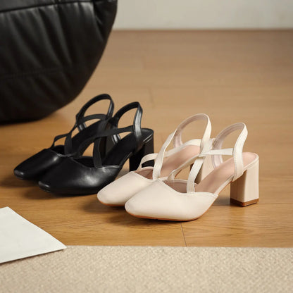 Vintage Criss-Cross Strap Block Heel Slingback Pumps