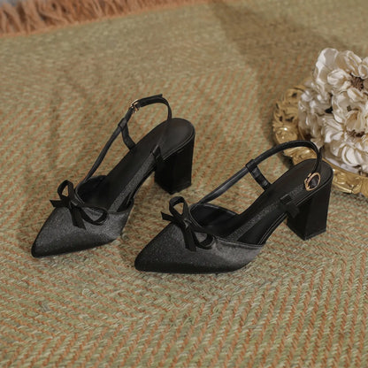 Vintage Satin Bow Block Heel Slingback Pumps