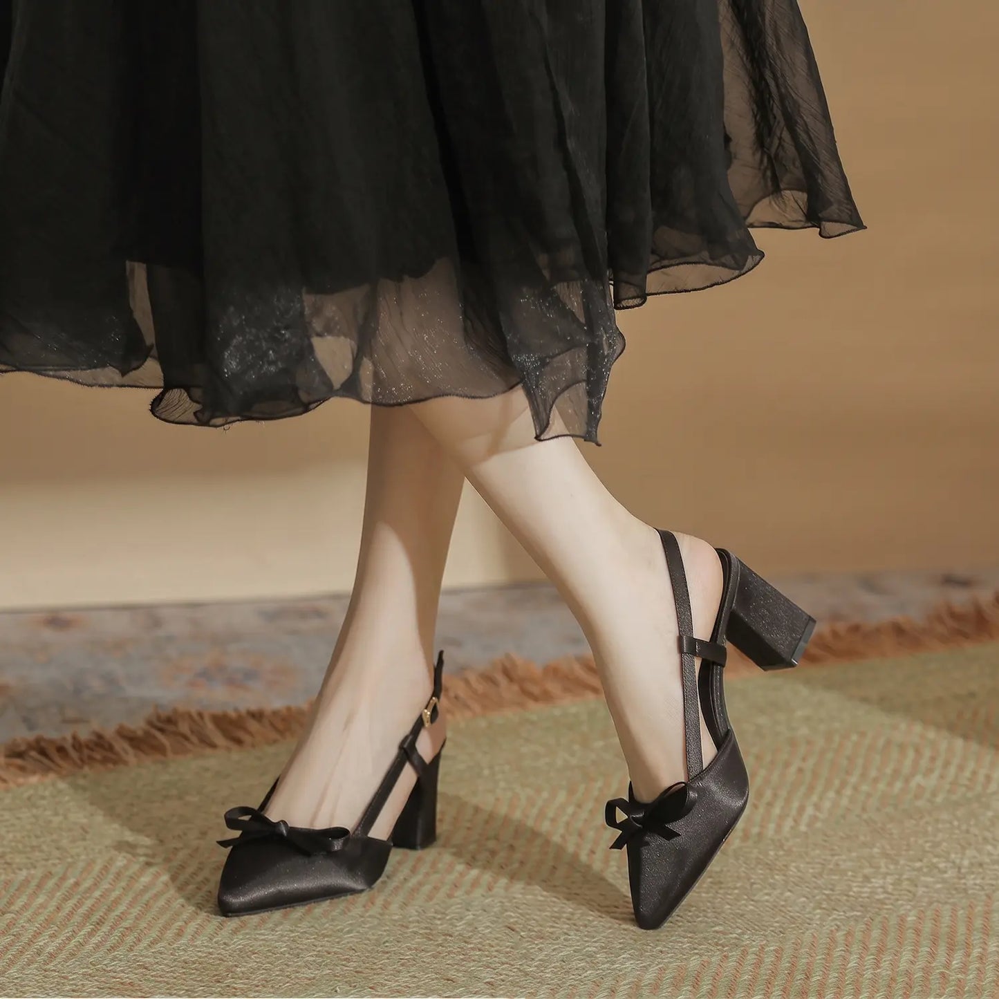 Vintage Satin Bow Block Heel Slingback Pumps