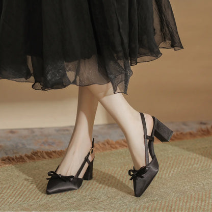 Vintage Satin Bow Block Heel Slingback Pumps