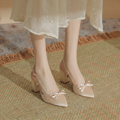 Vintage Satin Bow Block Heel Slingback Pumps