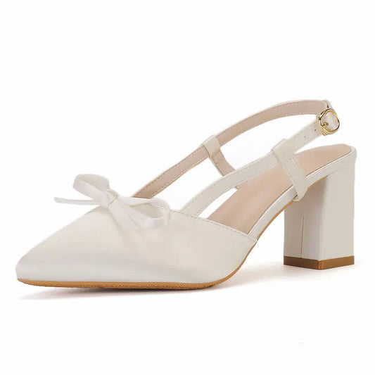 Vintage Satin Bow Block Heel Slingback Pumps