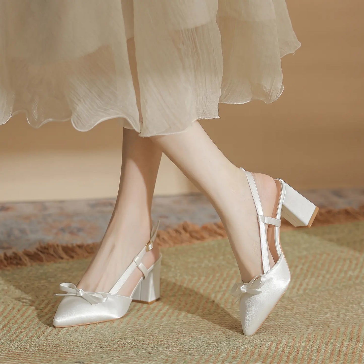 Vintage Satin Bow Block Heel Slingback Pumps