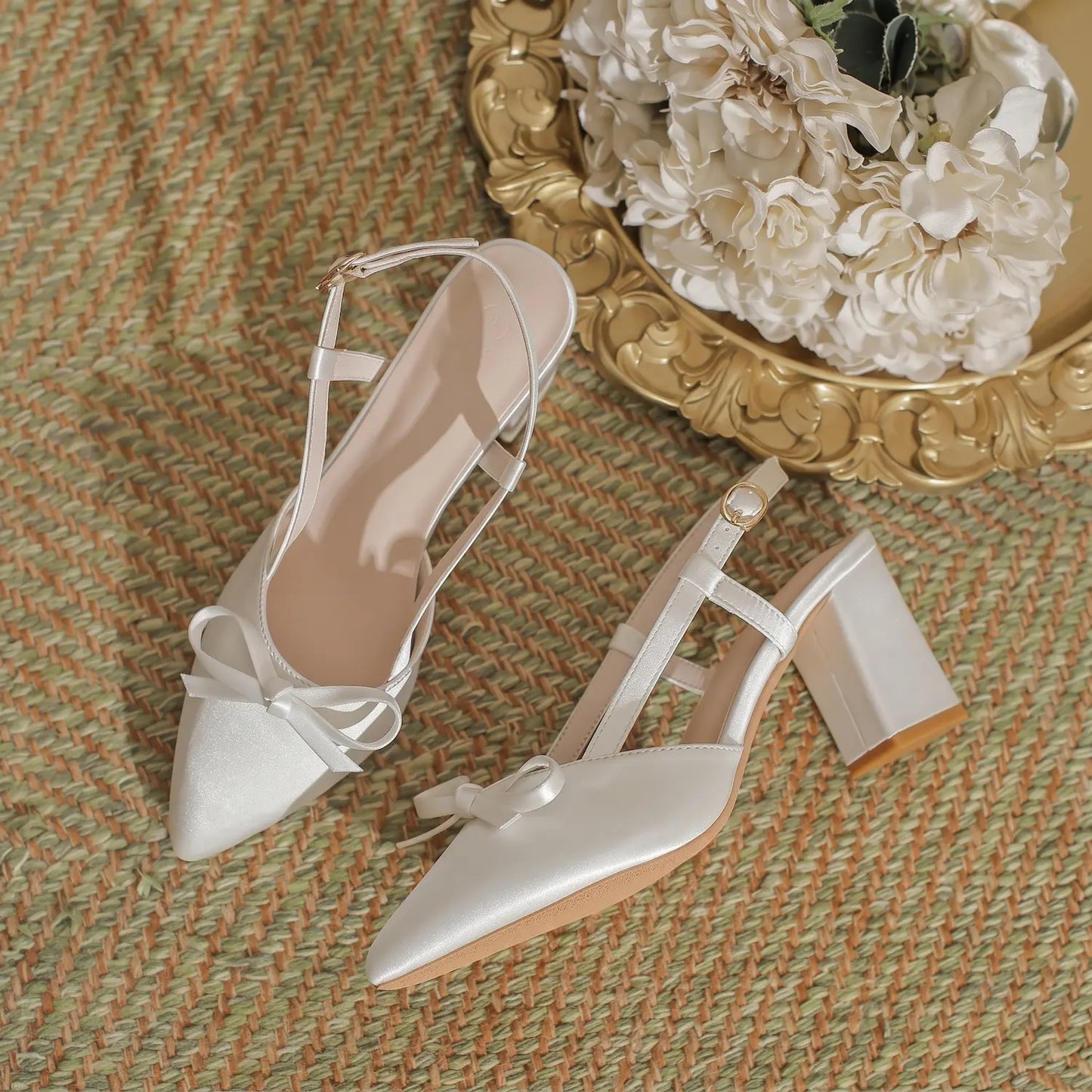 Vintage Satin Bow Block Heel Slingback Pumps