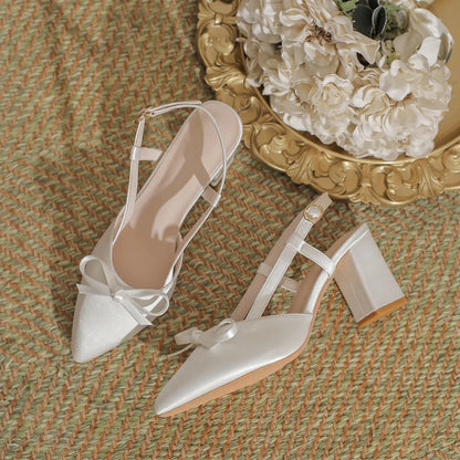 Vintage Satin Bow Block Heel Slingback Pumps