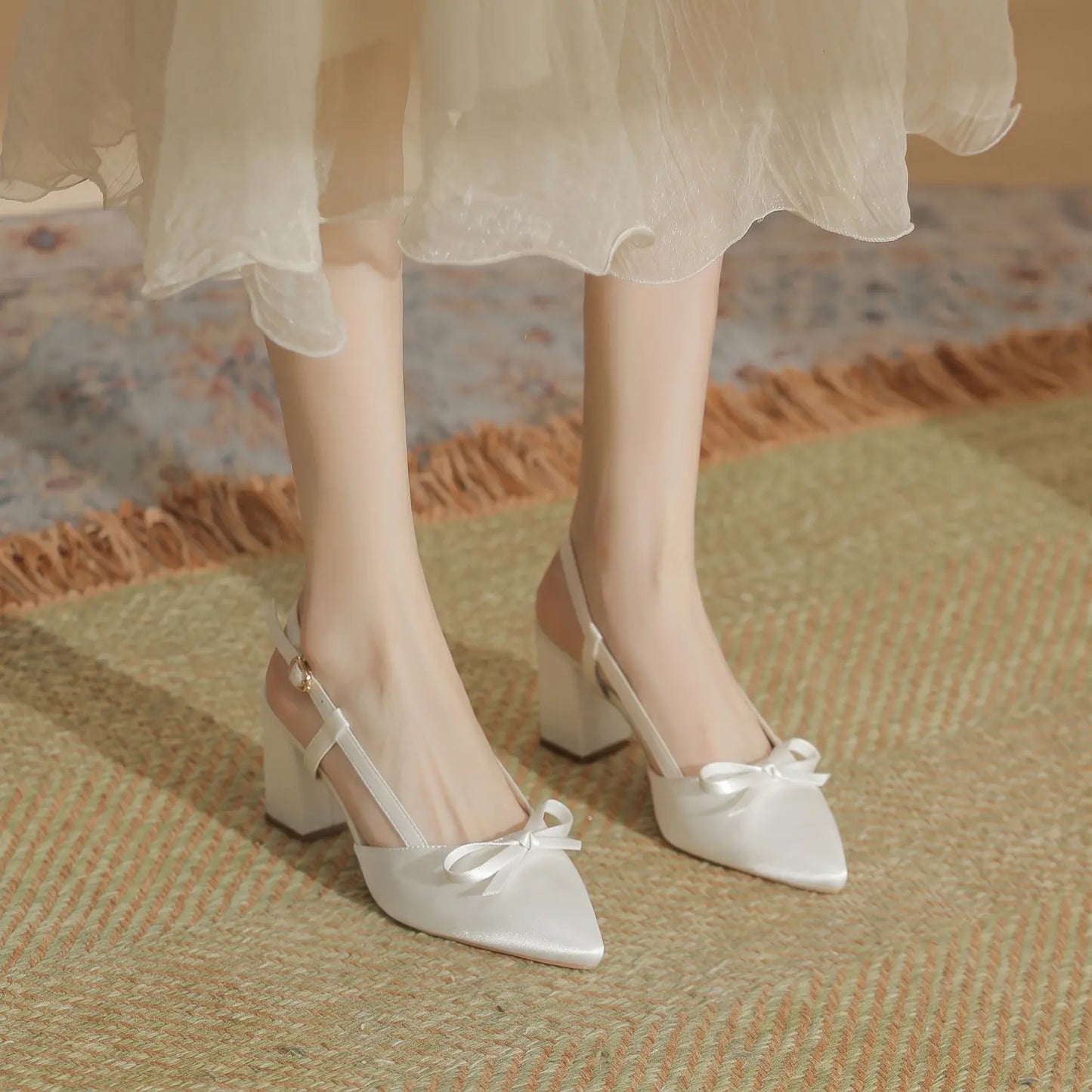 Vintage Satin Bow Block Heel Slingback Pumps
