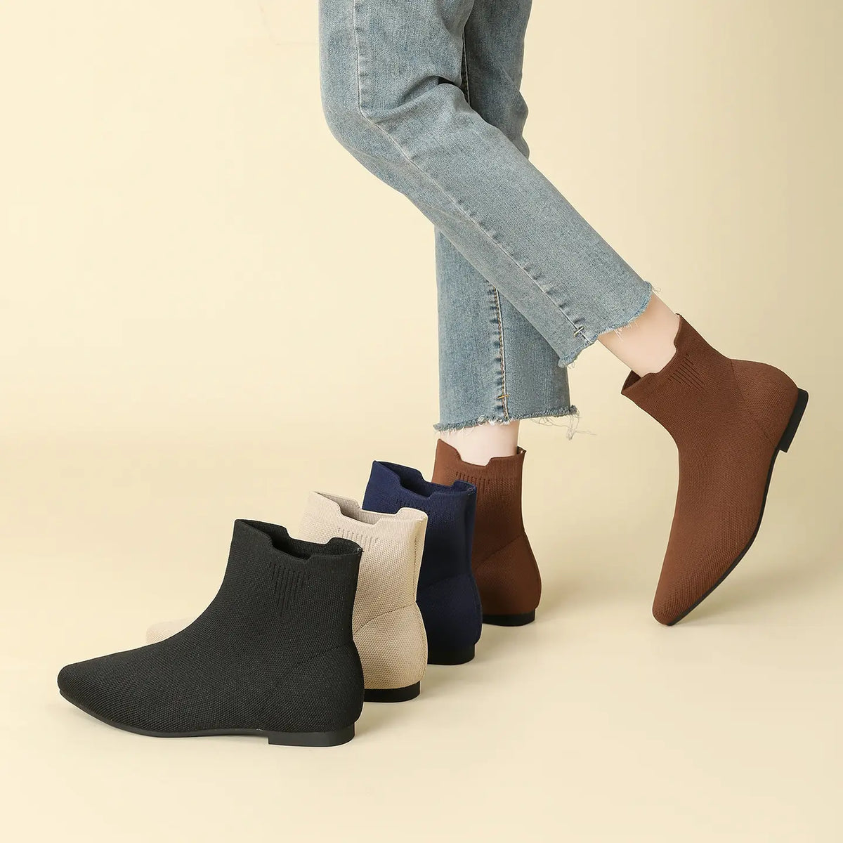 Stretch Knit Pointed Toe Flat Sock Boots