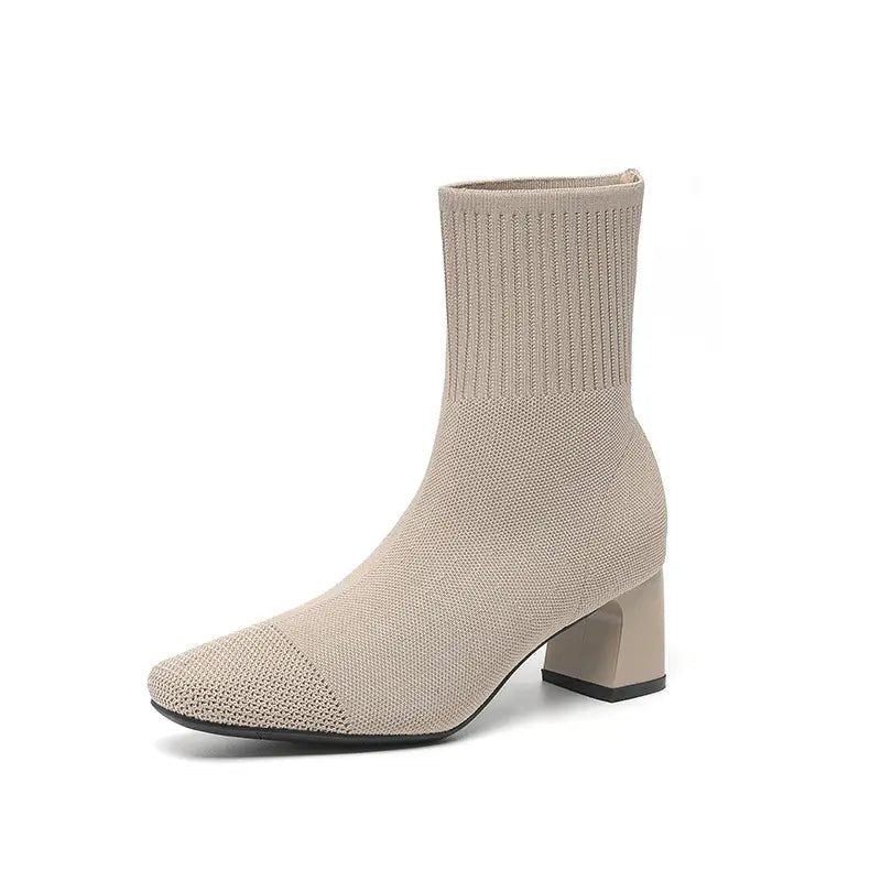 Stretch Knit Square Toe Block Heel Sock Boots