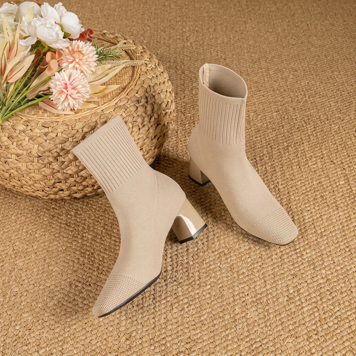 Stretch Knit Square Toe Block Heel Sock Boots