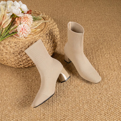 Stretch Knit Square Toe Block Heel Sock Boots