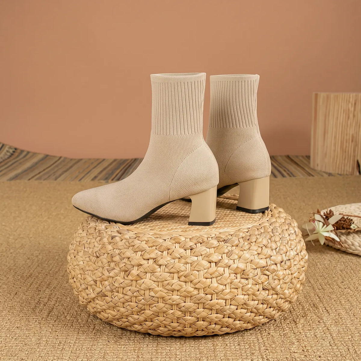 Stretch Knit Square Toe Block Heel Sock Boots
