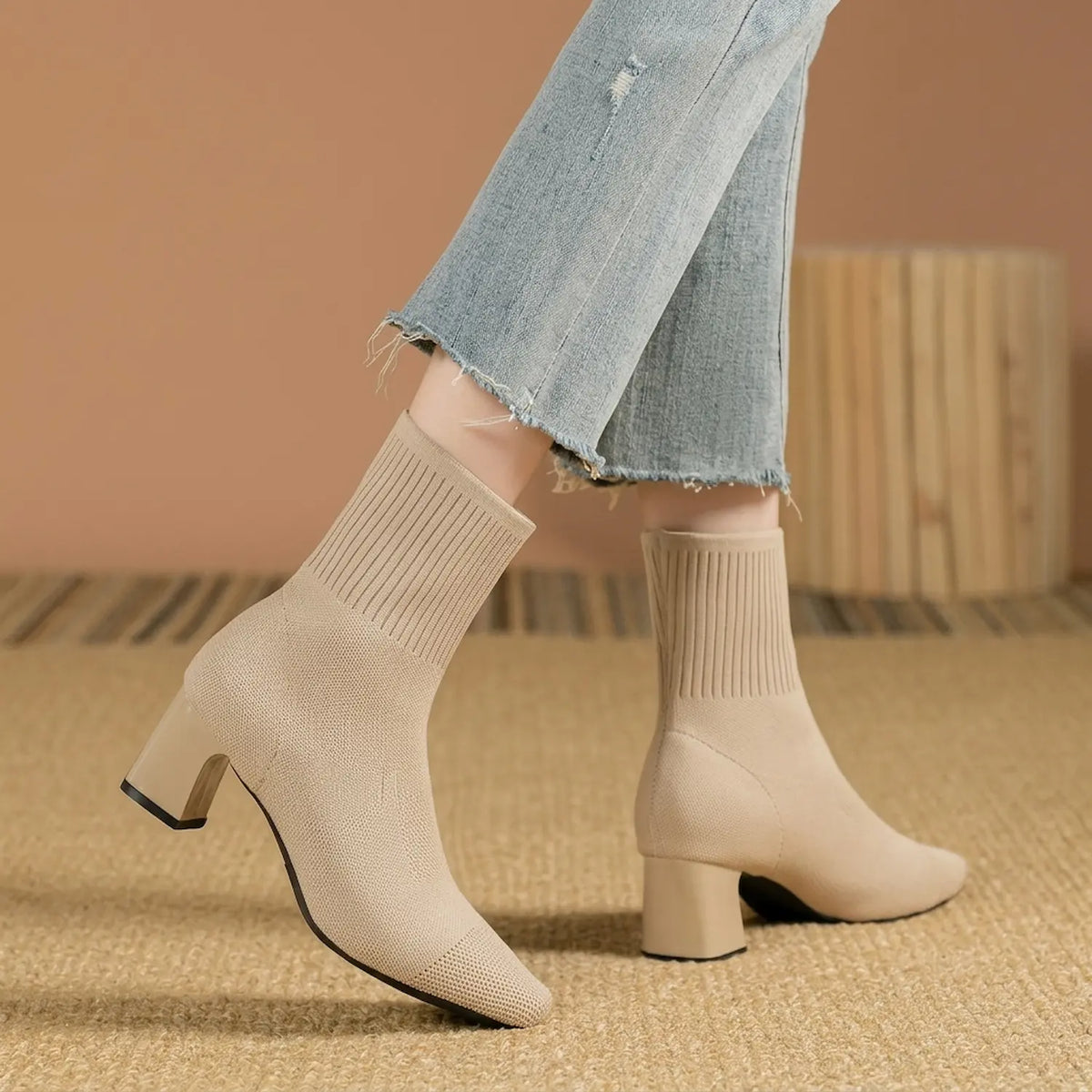 Stretch Knit Square Toe Block Heel Sock Boots